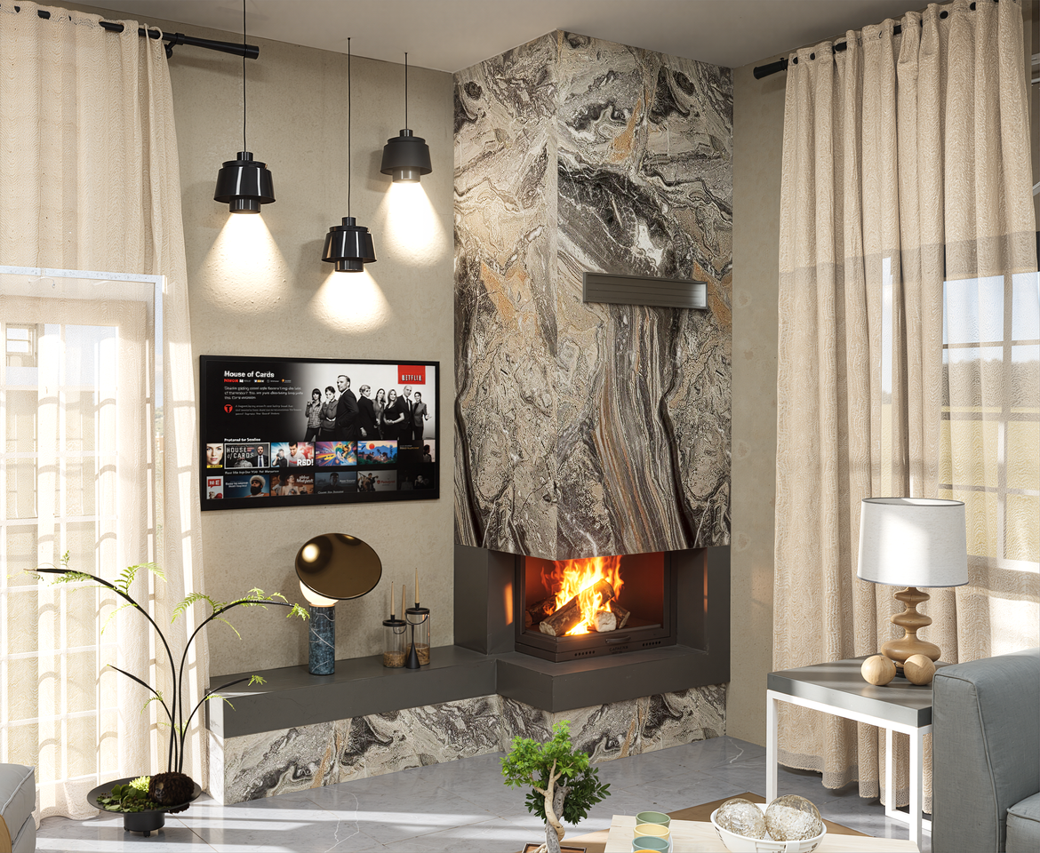 Baza Giydirmeli L Tipi İki Tarafı Camlı Odunlu Şömine BŞO23