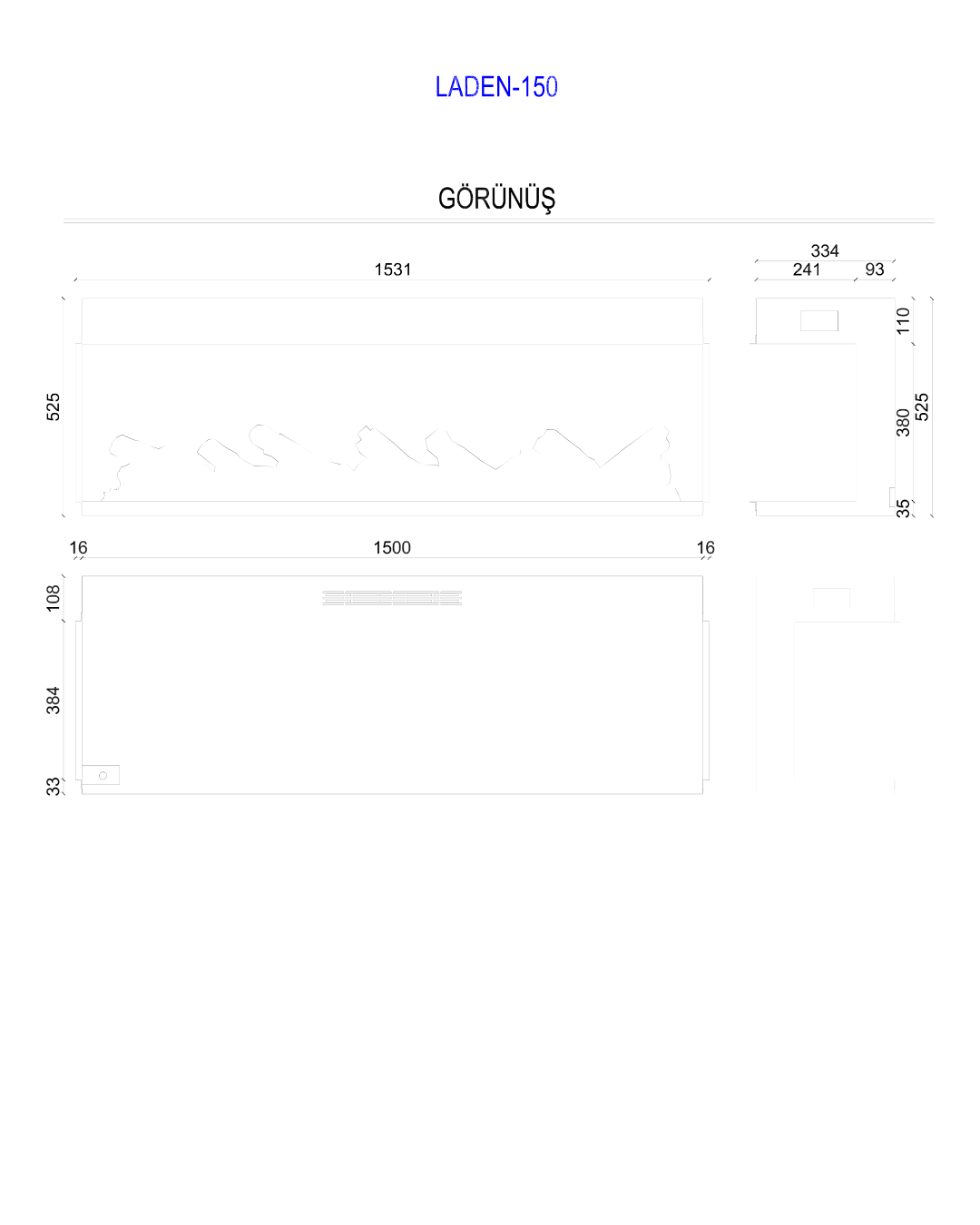 Zaya Laden 150 cm Üç Tarafı Camlı Elektrikli Şömine