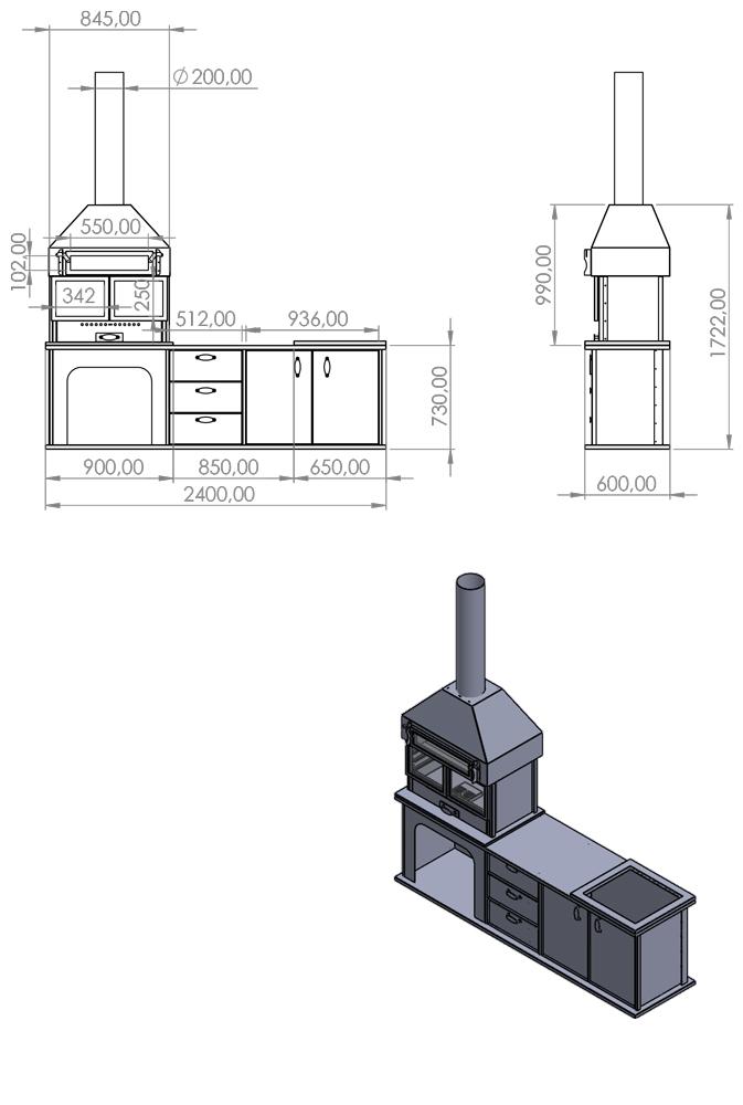 Krom Tezgahlı Fırınlı Metal Barbekü 240 cm BŞB07
