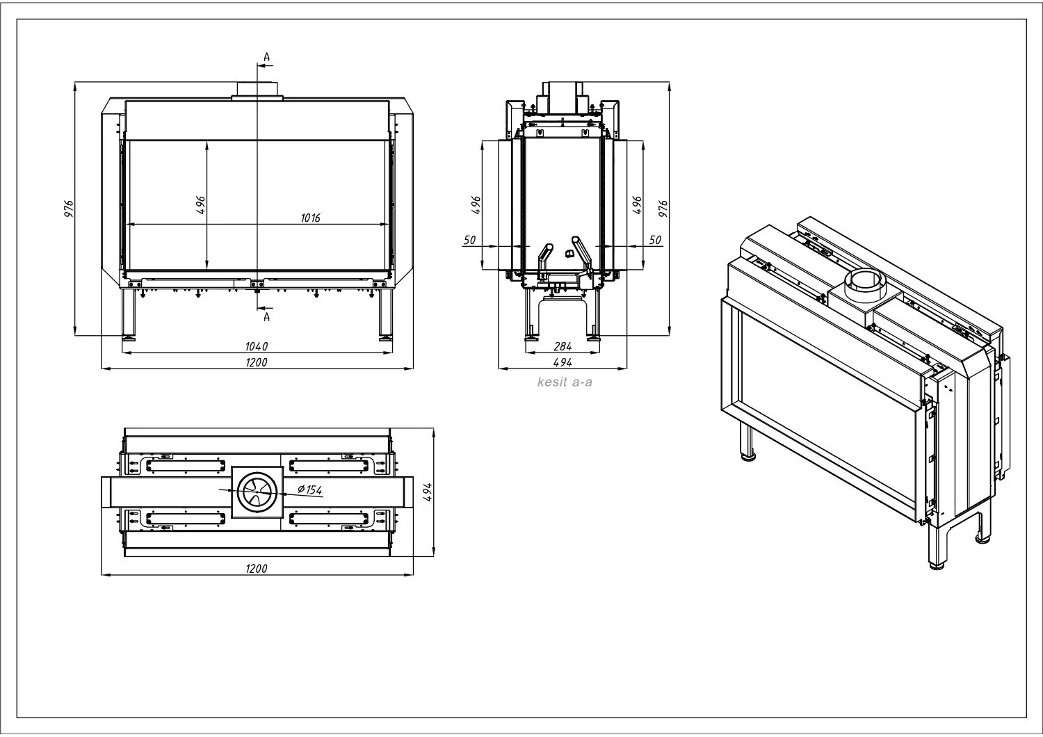 Vourla 100 cm Tünel Tipi Doğalgazlı Şömine BŞDV09