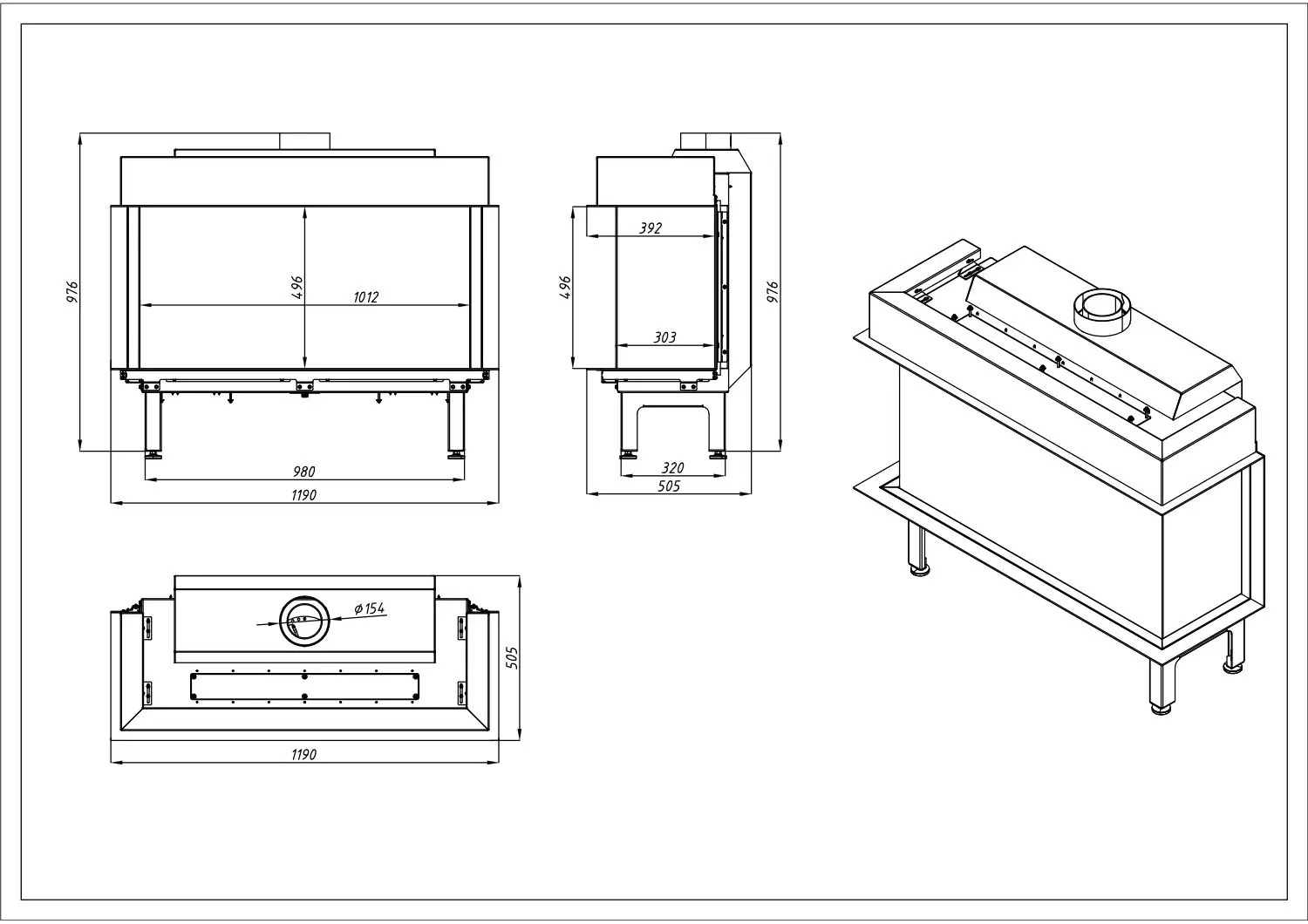 Vourla 100 cm Üç Tarafı Camlı Doğalgazlı Şömine BŞDV08