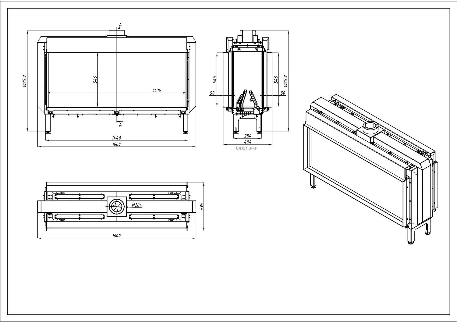 Vourla 140 cm Tünel Tipi Doğalgazlı Şömine BŞDV14